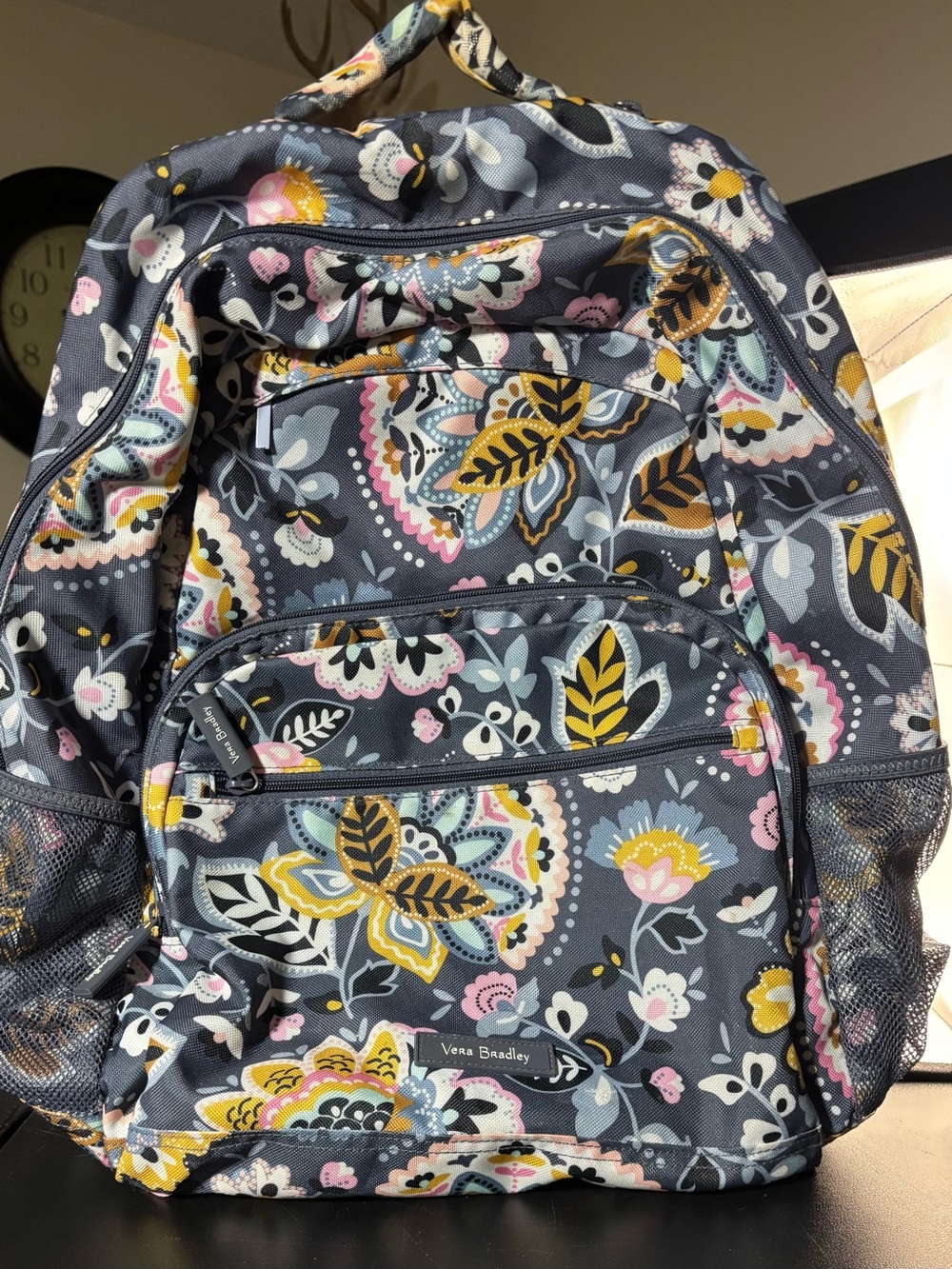 Vera Bradley Gray Floral Backpack with Pink and Yellow Details